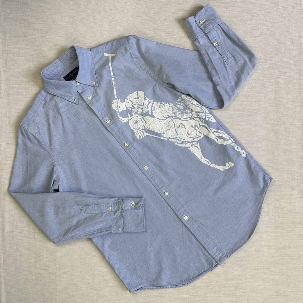 Polo Ralph Lauren Oxford Shirt Mens M Blue Relaxed Fit Giant Big Pony Graphic